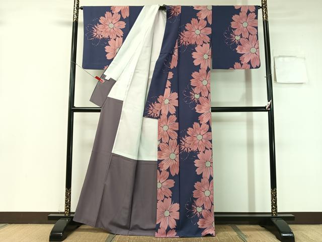 平和屋着物▽小紋 単衣 舞花文 洗える着物 AABC0272fy