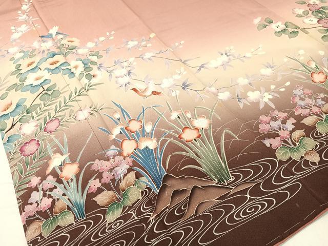 平和屋着物○訪問着 友禅 流水花鳥文 暈し染め 正絹 逸品 未