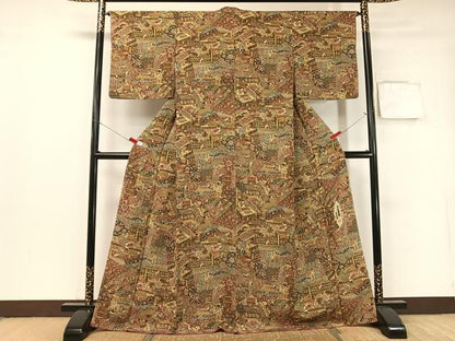 平和屋着物●二代目更甚 江戸更紗 小紋 人物風景文 鬼しぼ縮緬 正絹 逸品 未使用 CABB5017vp