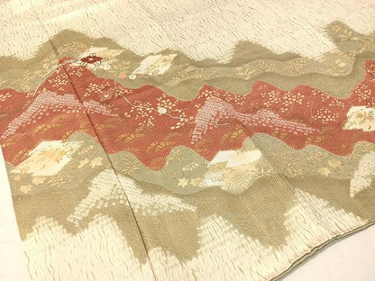 平和屋着物●訪問着　杢目絞り　刺繍　道長吉祥花文　金彩　正絹　逸品　CABB5019vp