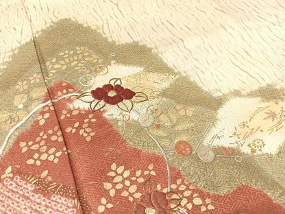 平和屋着物●訪問着　杢目絞り　刺繍　道長吉祥花文　金彩　正絹　逸品　CABB5019vp