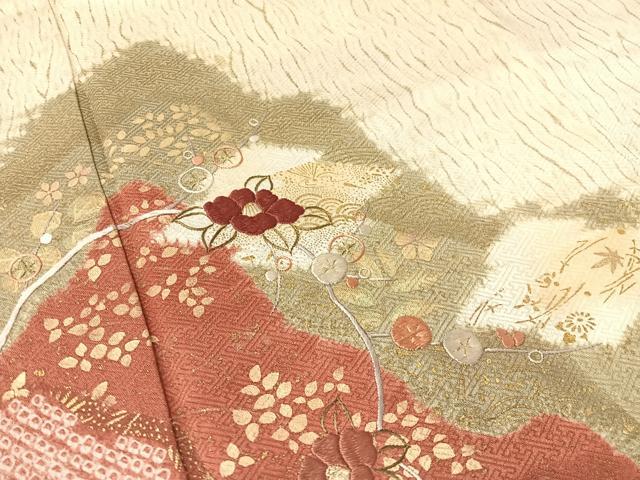 平和屋着物●訪問着　杢目絞り　刺繍　道長吉祥花文　金彩　正絹　逸品　CABB5019vp
