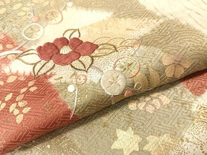 平和屋着物●訪問着　杢目絞り　刺繍　道長吉祥花文　金彩　正絹　逸品　CABB5019vp