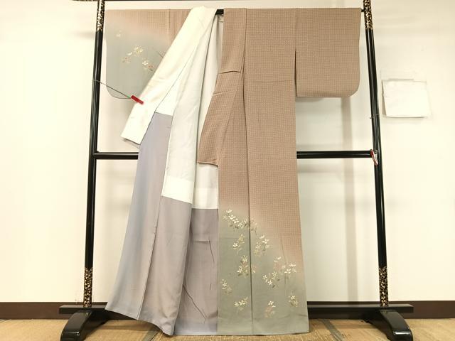 平和屋着物●訪問着 草花文 暈し染め 金彩 鬼しぼ縮緬 正絹 逸品 CABB5045vp