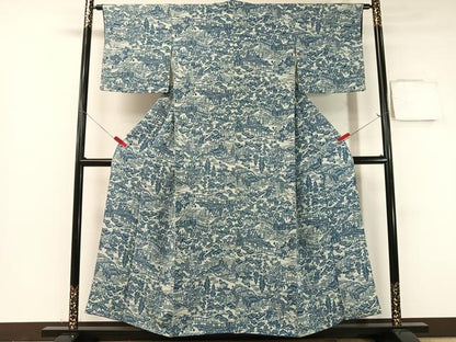 平和屋着物●上質な小紋 本藍 型絵染 風景花文 鬼しぼ縮緬 正絹 逸品 CABB5046vp