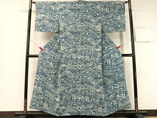 平和屋着物●上質な小紋 本藍 型絵染 風景花文 鬼しぼ縮緬 正絹 逸品 CABB5046vp