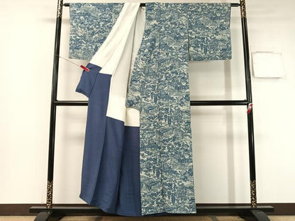 平和屋着物●上質な小紋 本藍 型絵染 風景花文 鬼しぼ縮緬 正絹 逸品 CABB5046vp