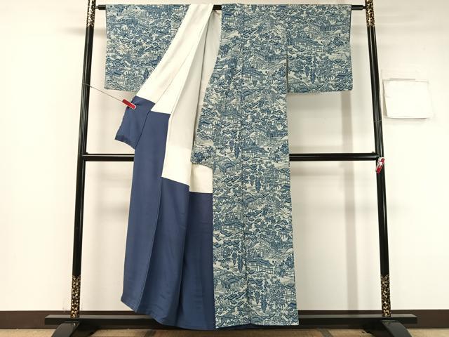 平和屋着物●上質な小紋 本藍 型絵染 風景花文 鬼しぼ縮緬 正絹 逸品 CABB5046vp