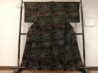 平和屋着物●上質な小紋 総絞り 流水舞椿 黒地 正絹 逸品 CABB5050vp
