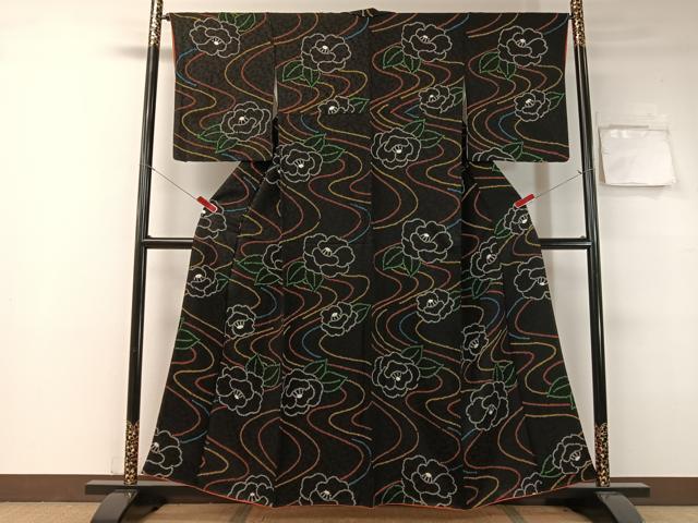 平和屋着物●上質な小紋 総絞り 流水舞椿 黒地 正絹 逸品 CABB5050vp