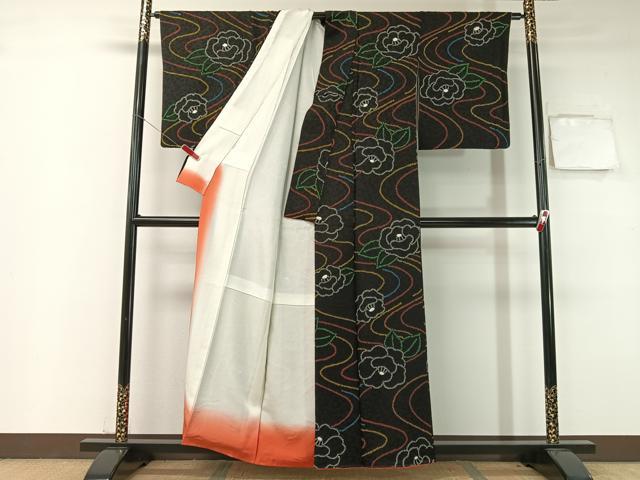 平和屋着物●上質な小紋 総絞り 流水舞椿 黒地 正絹 逸品 CABB5050vp