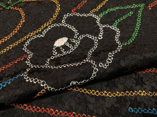 平和屋着物●上質な小紋 総絞り 流水舞椿 黒地 正絹 逸品 CABB5050vp