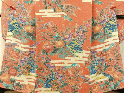 平和屋着物●名門　藤娘きぬたや・総絞り　振袖　重ね山霞花鳥文　正絹　逸品　CABB5059vp