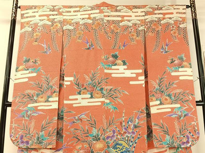 平和屋着物●名門　藤娘きぬたや・総絞り　振袖　重ね山霞花鳥文　正絹　逸品　CABB5059vp