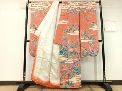 平和屋着物●名門　藤娘きぬたや・総絞り　振袖　重ね山霞花鳥文　正絹　逸品　CABB5059vp