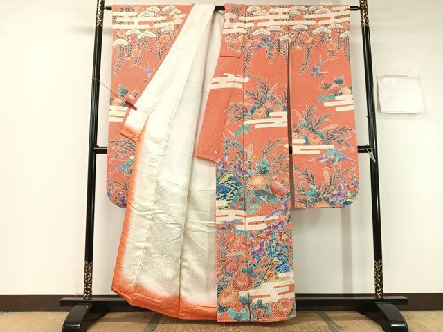 平和屋着物●名門　藤娘きぬたや・総絞り　振袖　重ね山霞花鳥文　正絹　逸品　CABB5059vp