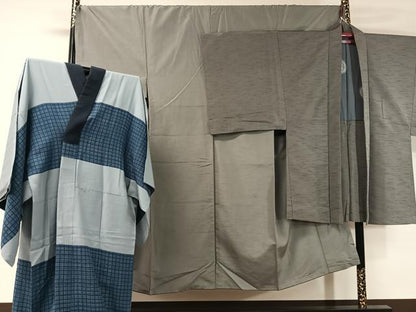 平和屋着物●男性 紬・羽織・長襦袢セット 着物：灰色 羽織：墨色 正絹 逸品 CABB5060vp