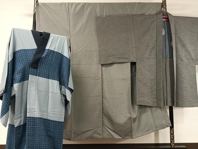 平和屋着物●男性 紬・羽織・長襦袢セット 着物：灰色 羽織：墨色 正絹 逸品 CABB5060vp