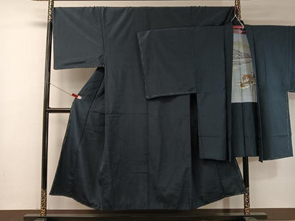 平和屋着物●男性 お召 アンサンブル 留紺色 キングサイズ 正絹 逸品 未使用 CABB5066vp