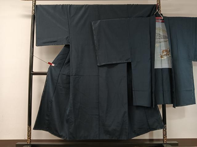 平和屋着物●男性 お召 アンサンブル 留紺色 キングサイズ 正絹 逸品 未使用 CABB5066vp