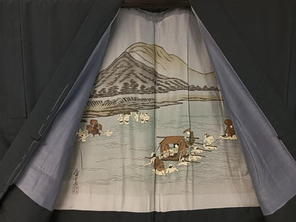平和屋着物●男性 お召 アンサンブル 留紺色 キングサイズ 正絹 逸品 未使用 CABB5066vp