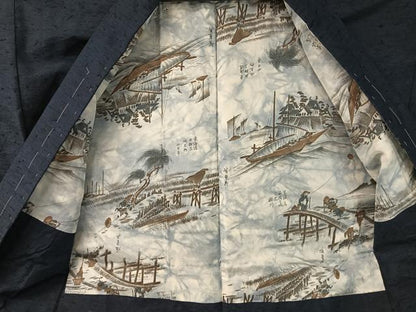 平和屋着物●男性 紬・ひげ紬羽織・長襦袢セット 武将 米沢 美鈴織 留紺色 証紙付き 正絹 逸品 未使用 CABB5067vp