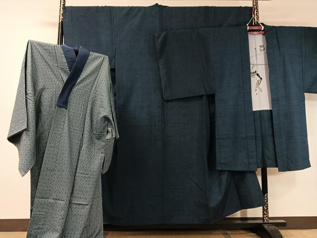 平和屋着物●男性　紬　アンサンブル　長襦袢セット　留紺色　正絹　逸品　CABB5069vp