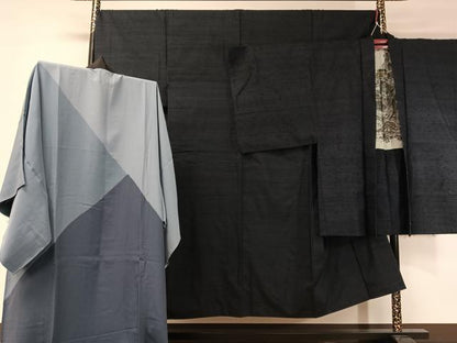 平和屋着物●男性　紬・ひげ紬羽織・長襦袢セット　濃藍色　正絹　逸品　CABB5070vp