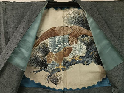 平和屋着物●男性　ひげ紬　アンサンブル　藍墨茶色　正絹　逸品　CABB5073vp