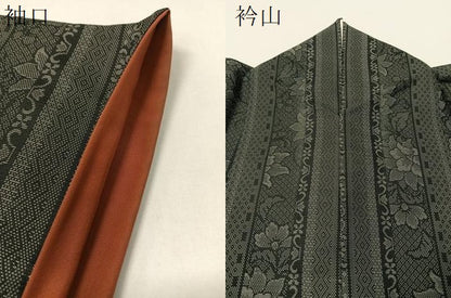 平和屋着物●上質な紬　更紗間道　黒地　正絹　逸品　CABB5104vp