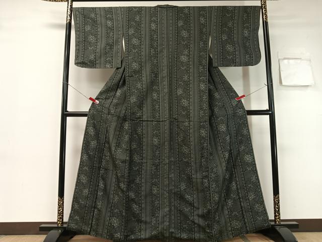 平和屋着物●上質な紬　更紗間道　黒地　正絹　逸品　CABB5104vp 平和屋着物○上質な紬 更紗間道 黒地 正絹 逸品 CABB5104vp