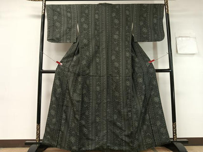 平和屋着物●上質な紬　更紗間道　黒地　正絹　逸品　CABB5104vp