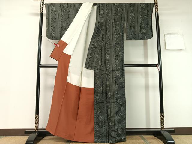 平和屋着物●上質な紬　更紗間道　黒地　正絹　逸品　CABB5104vp 平和屋着物○上質な紬 更紗間道 黒地 正絹 逸品 CABB5104vp
