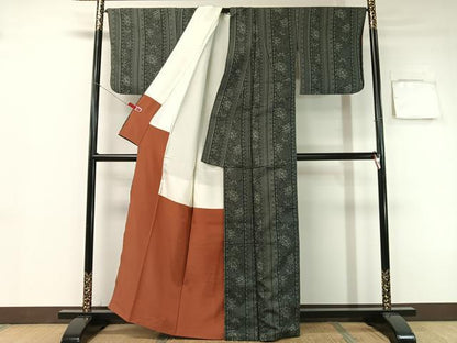 平和屋着物●上質な紬　更紗間道　黒地　正絹　逸品　CABB5104vp
