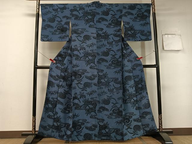 平和屋着物●上質な小紋 本藍 型絵染 流水花文 鬼しぼ縮緬 正絹 逸品 CABB5106vp