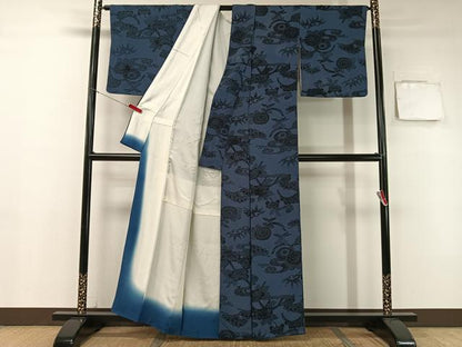 平和屋着物●上質な小紋 本藍 型絵染 流水花文 鬼しぼ縮緬 正絹 逸品 CABB5106vp