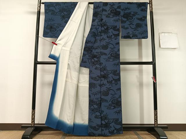 平和屋着物●上質な小紋 本藍 型絵染 流水花文 鬼しぼ縮緬 正絹 逸品 CABB5106vp