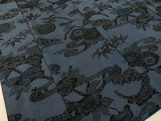 平和屋着物●上質な小紋 本藍 型絵染 流水花文 鬼しぼ縮緬 正絹 逸品 CABB5106vp