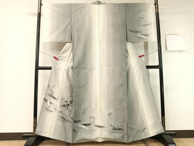 平和屋着物●訪問着 縦節紬 手描き 舞羽根文 正絹 逸品 CABB5150vp
