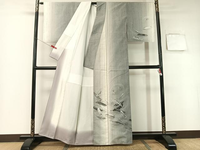 平和屋着物●訪問着 縦節紬 手描き 舞羽根文 正絹 逸品 CABB5150vp