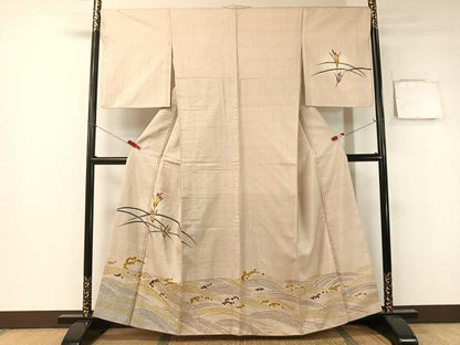 平和屋着物●訪問着　紬地　手描き　立波芝花文　やまと誂製　正絹　逸品　CABB5152vp