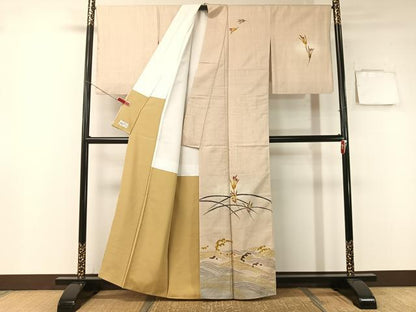 平和屋着物●訪問着　紬地　手描き　立波芝花文　やまと誂製　正絹　逸品　CABB5152vp