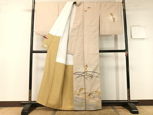 平和屋着物●訪問着　紬地　手描き　立波芝花文　やまと誂製　正絹　逸品　CABB5152vp