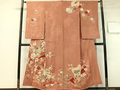 平和屋着物●アンティーク　大正ロマン　訪問着　駒刺繍　冊子花文　金彩　正絹　逸品　CABB5156vp