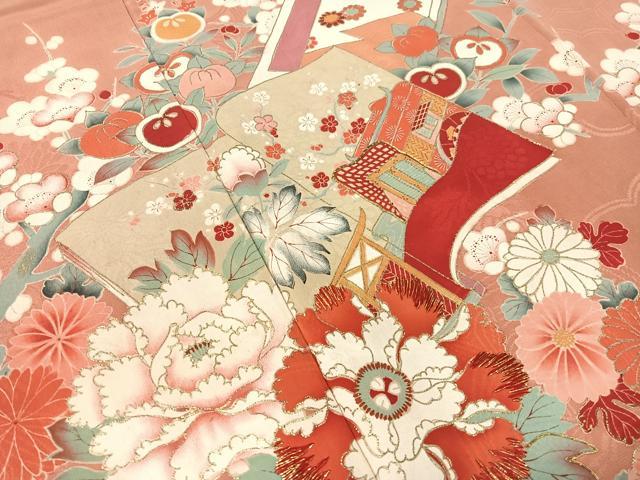 平和屋着物●アンティーク　大正ロマン　訪問着　駒刺繍　冊子花文　金彩　正絹　逸品　CABB5156vp 平和屋着物○アンティーク 大正ロマン 訪問着 駒刺繍 冊子花文 金彩 正絹