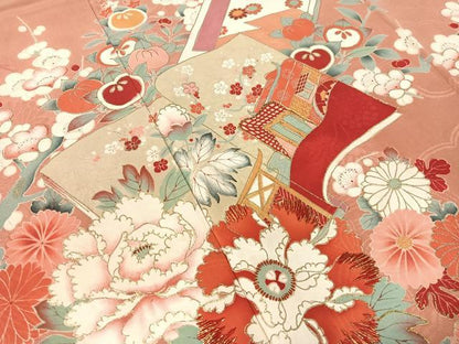 平和屋着物●アンティーク　大正ロマン　訪問着　駒刺繍　冊子花文　金彩　正絹　逸品　CABB5156vp