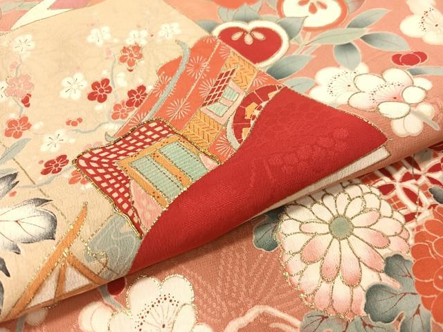 平和屋着物●アンティーク　大正ロマン　訪問着　駒刺繍　冊子花文　金彩　正絹　逸品　CABB5156vp