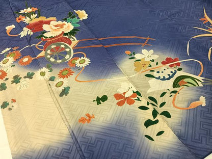 平和屋着物●アンティーク　大正ロマン　訪問着　刺繍　花車文　暈し染め　金彩　正絹　逸品　CABB5158vp
