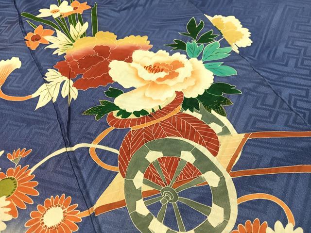 平和屋着物●アンティーク　大正ロマン　訪問着　刺繍　花車文　暈し染め　金彩　正絹　逸品　CABB5158vp