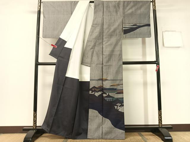 平和屋着物●訪問着　縦節紬　風景シルエット　正絹　逸品　CABB5160vp